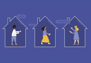 social audio stock_three characters in three separate houses on their phones