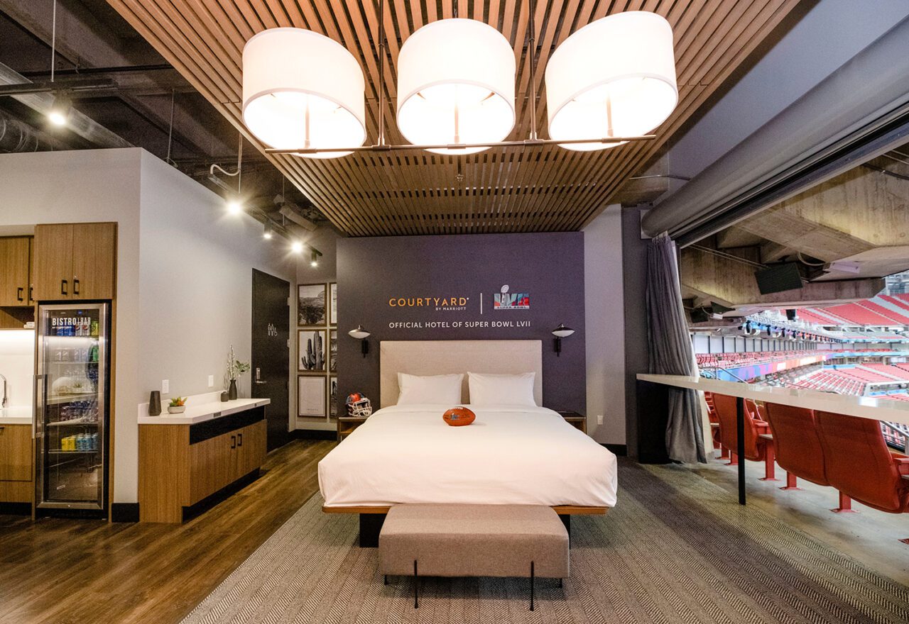 Marriott-courtyard-sleepover-sb57-bed-and-kitchen in suite