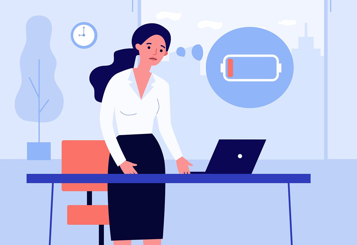 stock_mental health_Sad office worker and laptop with low battery. Unhappy woman with low energy level flat vector illustration. Burnout, fatigue, technical problem concept for banner, website design or landing web page