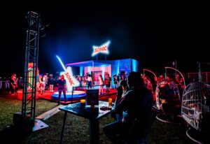 Sonic drive-in range Bonnaroo 2023_Booth exterior nighttime