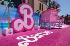 Barbie movie premiere pink carpet logo