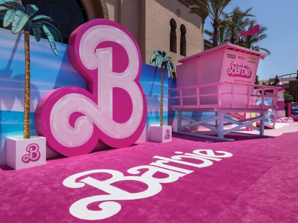 Barbie movie premiere pink carpet logo