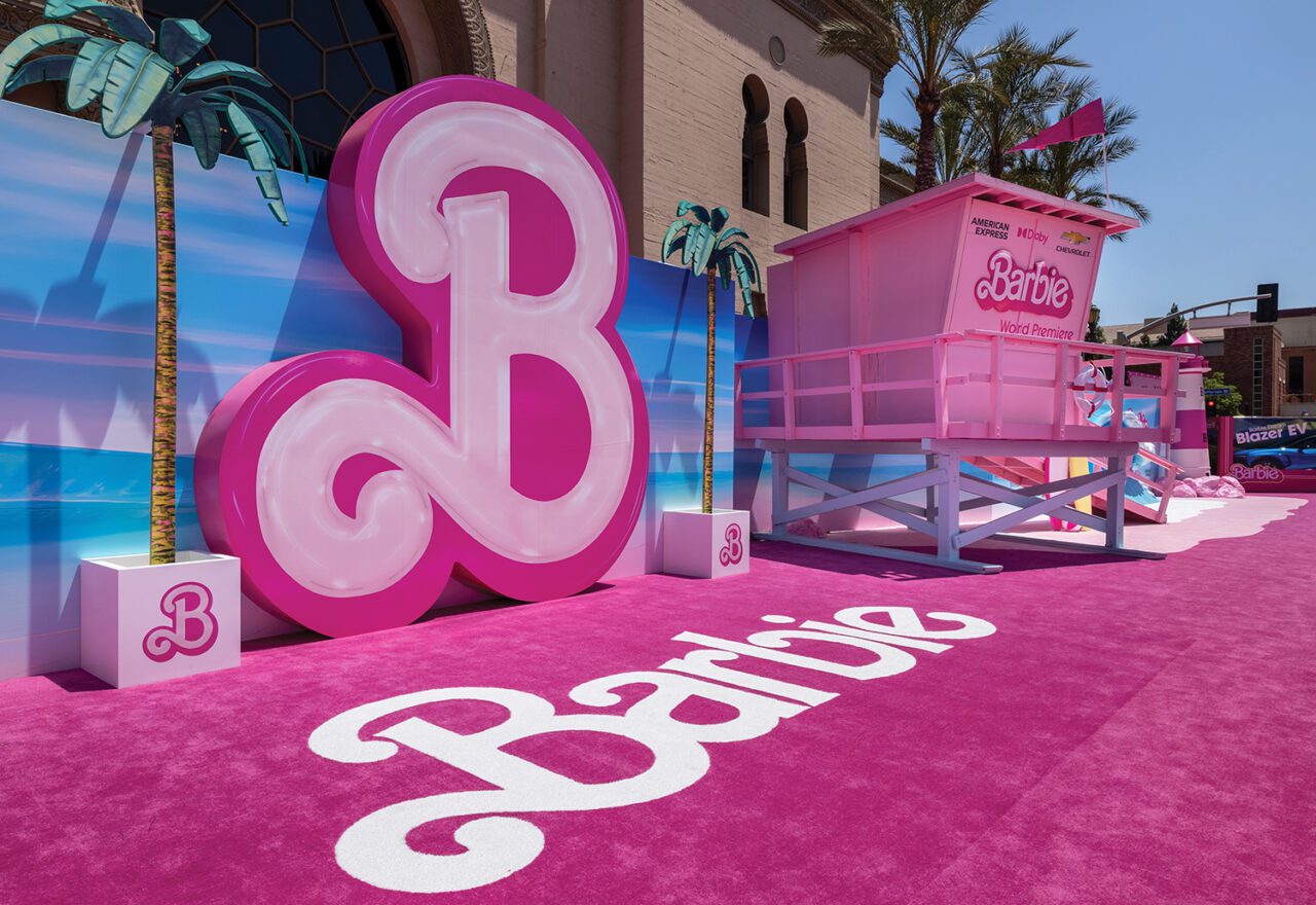Barbie movie premiere pink carpet logo