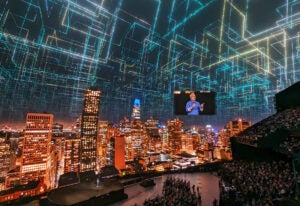 Sphere HPE Keynote 2024_stage presentation city skyline