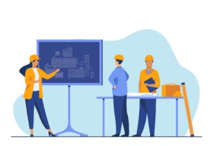 Female engineer standing near chalkboard explaining project. Draft, building, worker flat vector illustration. Construction and architecture concept for banner, website design or landing web page fab 50 2024