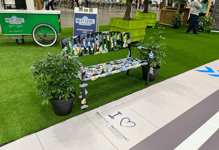 Gard Yard sticker-covered bench