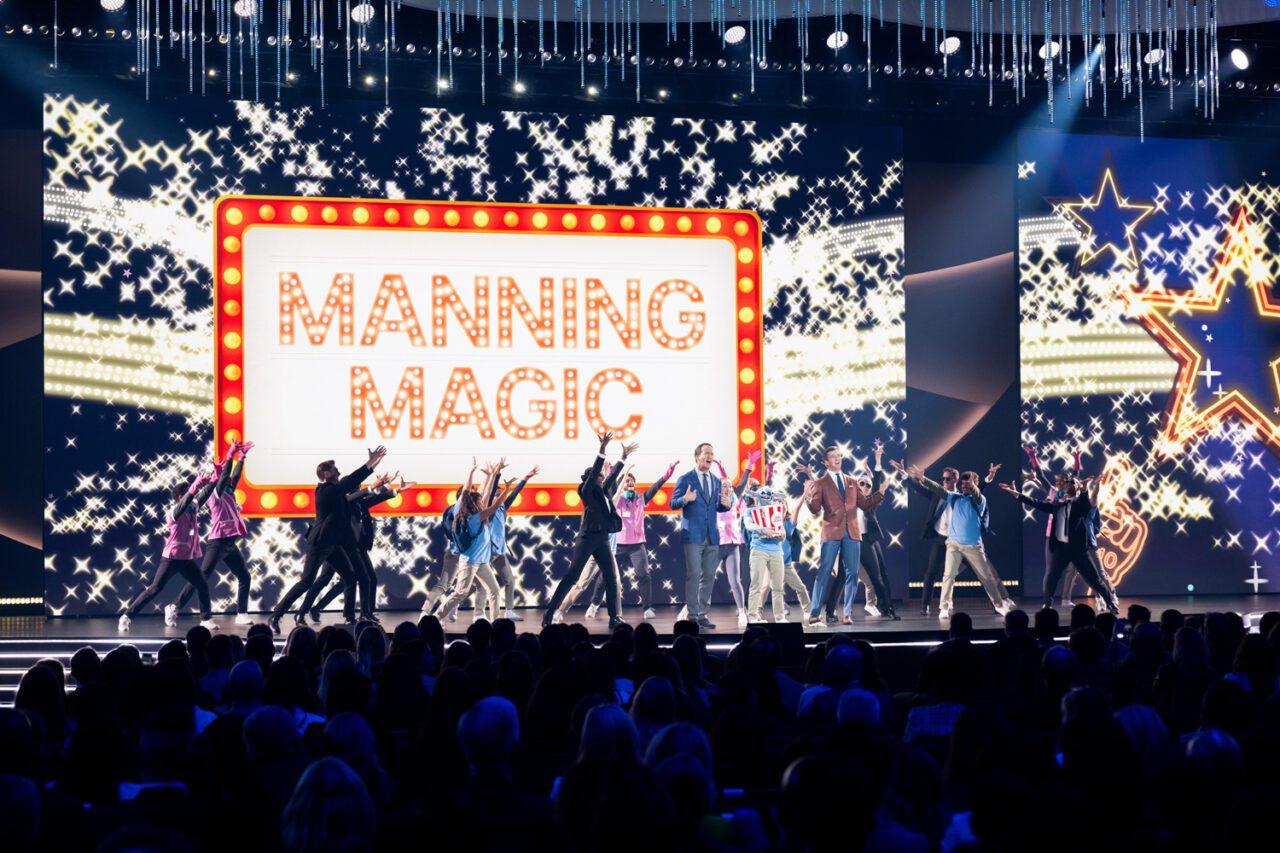 Disney Advertising Upfront is a showcase event that brings together all the content corners of The Walt Disney Company on one stage. On Tuesday, May 13, 2025 at North Javits in New York City, an incredible roster of all-star talent will tout their connections to storytelling, Disney, and each other while showcasing their latest projects for the upcoming year. (Disney/Jennifer Pottheiser) PEYTON MANNING, STITCH, ELI MANNING