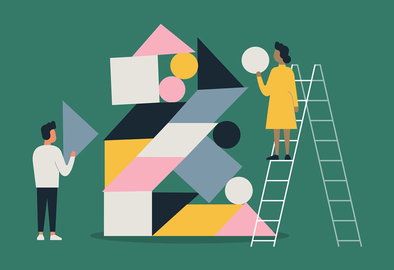 Illustration of people building with balanced shape blocks