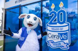 Sarah V mascot at 20 Years of CeraVe Tour