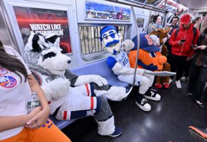 NY mascots on ESPN E Train