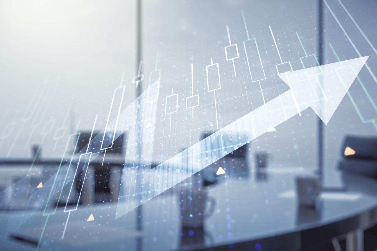 Abstract creative financial diagram and upward arrow hologram on a modern boardroom background, growth and development concept